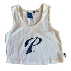 Phillies Women's Cropped Ribbed 100% Cotton Tank Top in White & Blue Size Medium